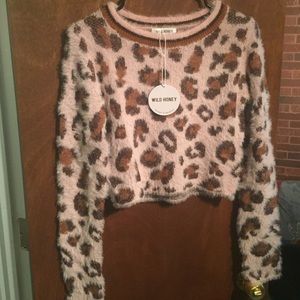 Fuzzy Cute Pink Leopard Print Crop Sweater NWT
